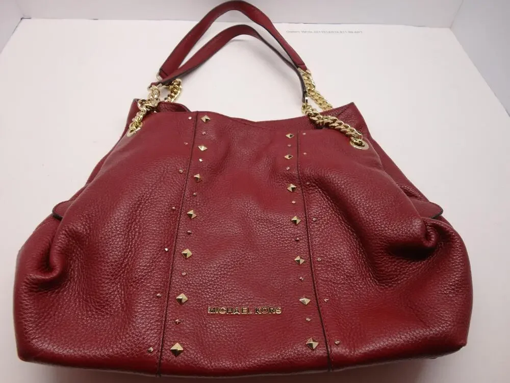 Michael Kors Shoulder Bag Womens Large Red Leather Studded Chain Purse Gold